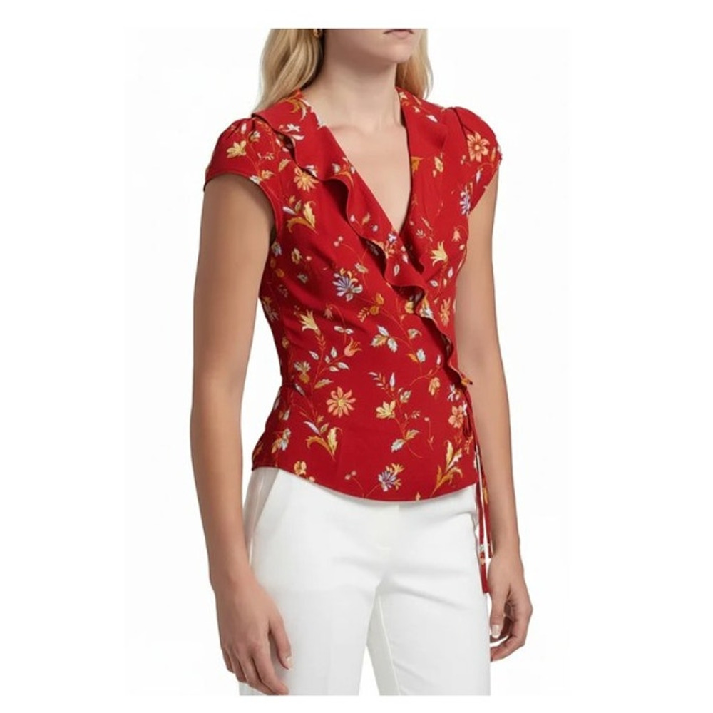 Reformation Clemence Floral Wrap Top Red Crepe Ruffle Short Sleeve 8